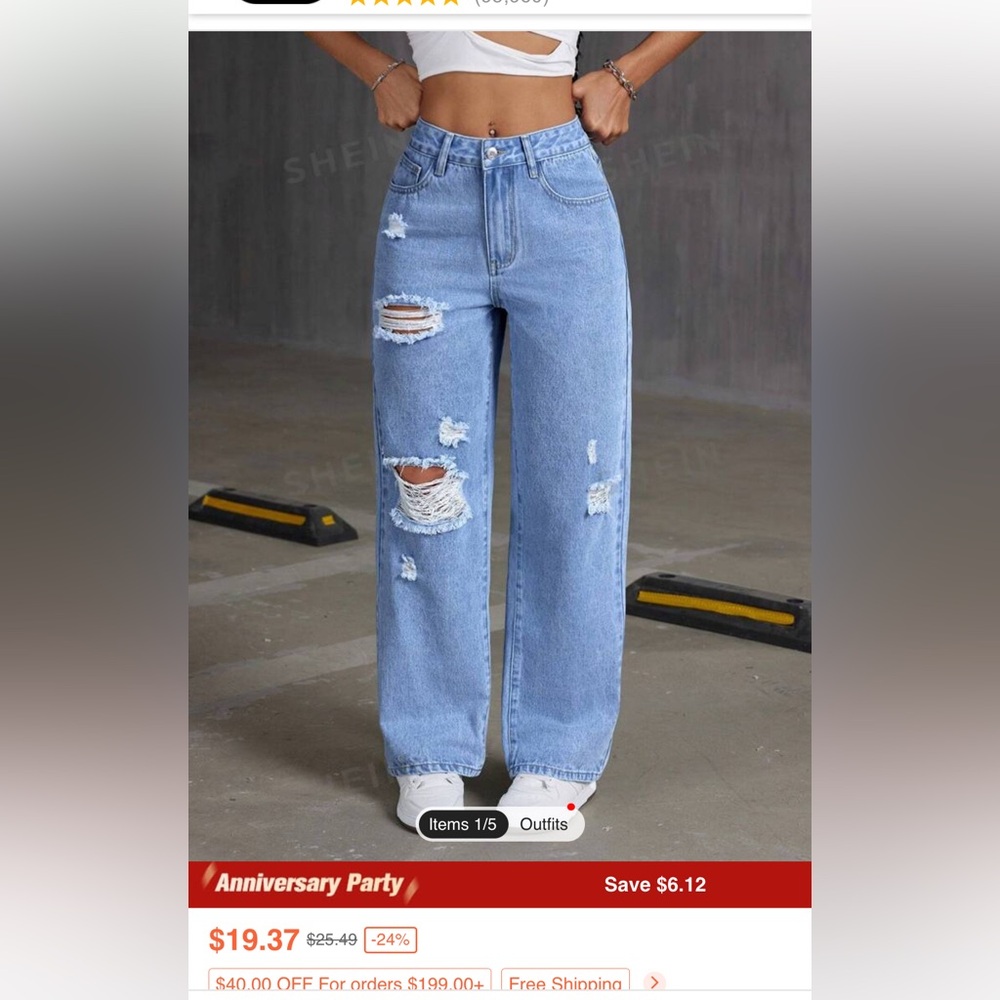 Holes Ripped Casual Water Wash Straight Jeans NEVER WORN